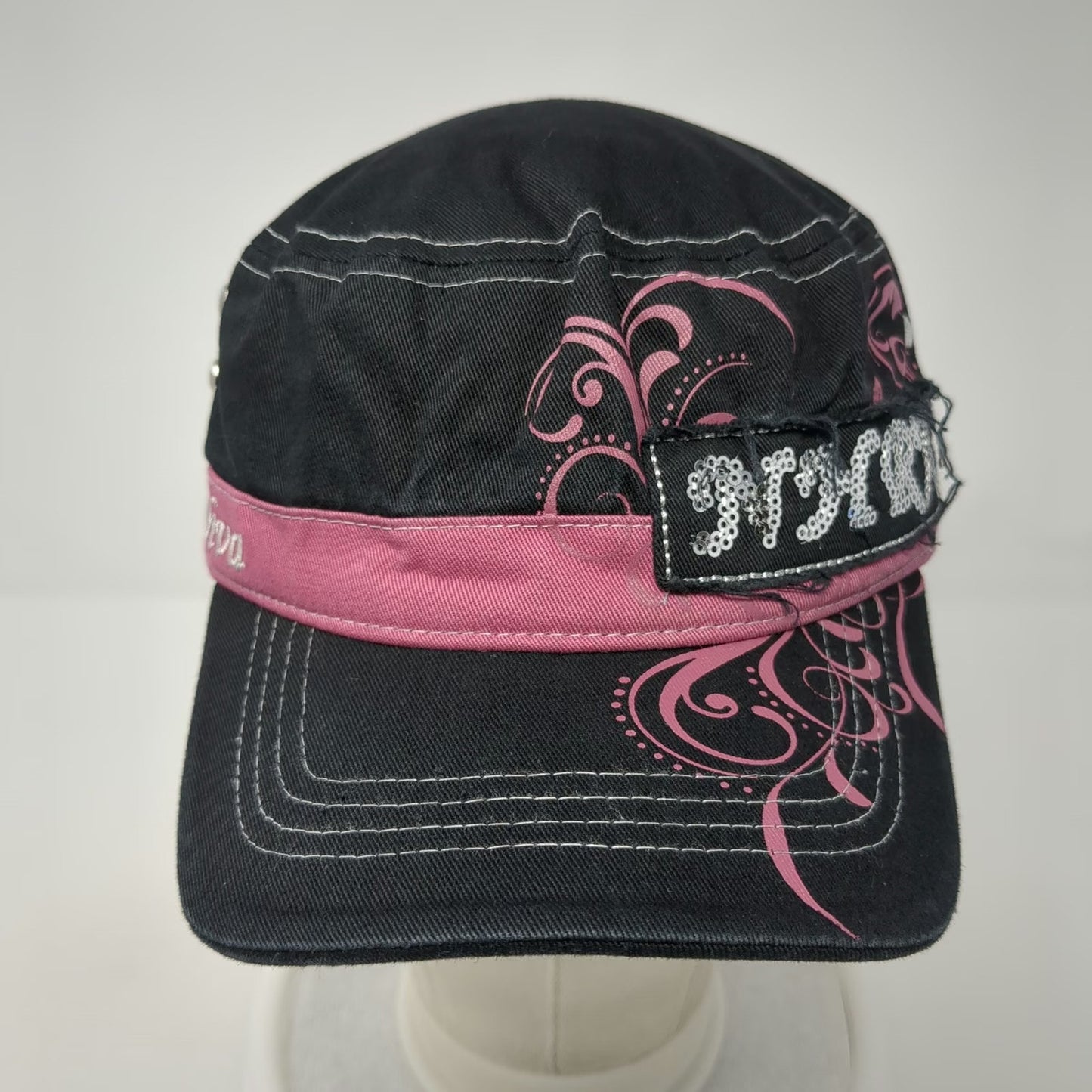 Main Gate Black Army Cap One Size NHRA Sequin Hot Rod Diva Pink Filigree Hat