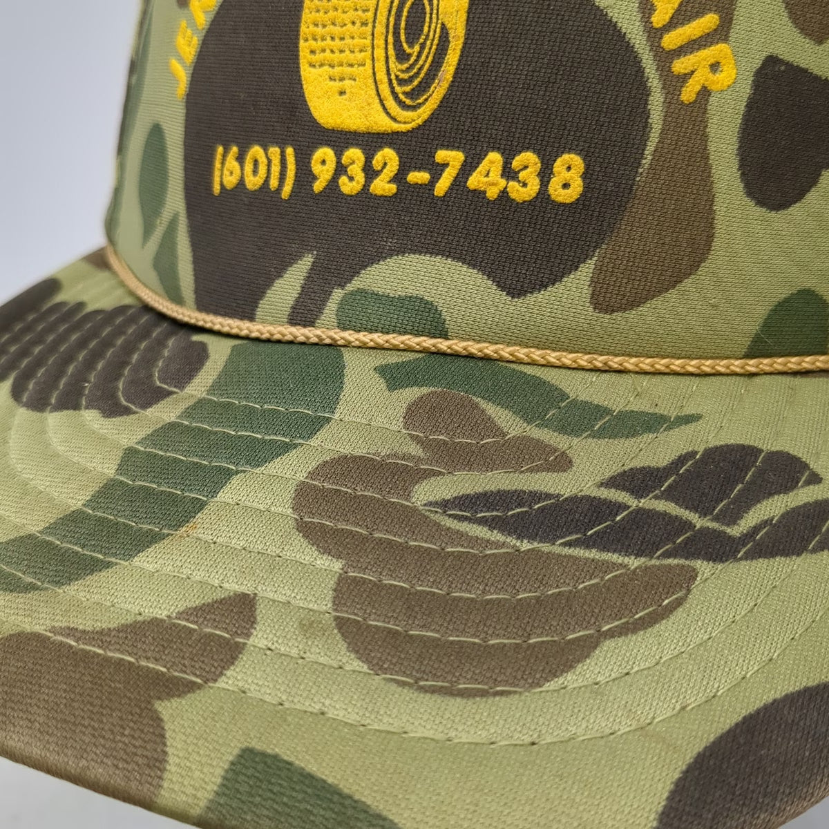 OTTO 5 Panel Green Yellow Camo Jerry's Tire Repair One Size Rope Snapback Hat