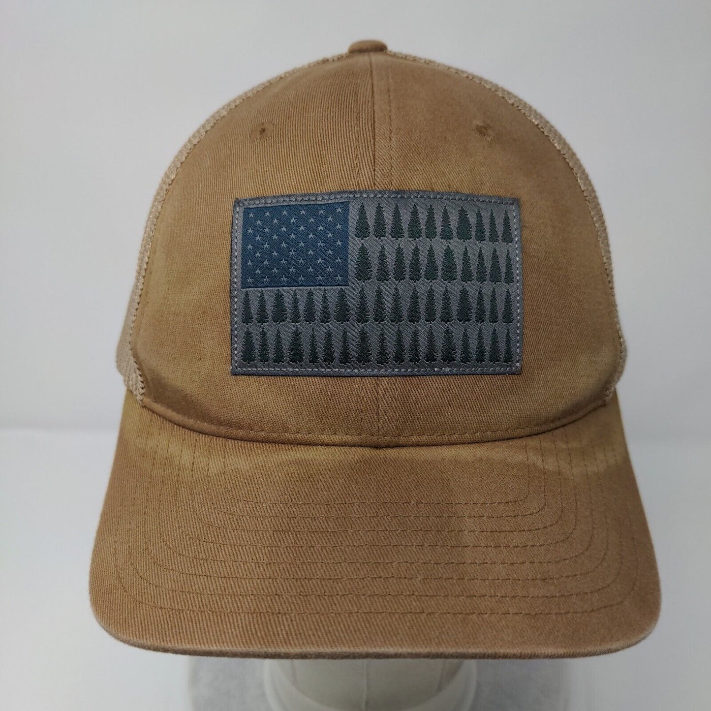 Tree Flag Fitted Mesh Back Trucker Hat Tan One Size Columbia Flexfit