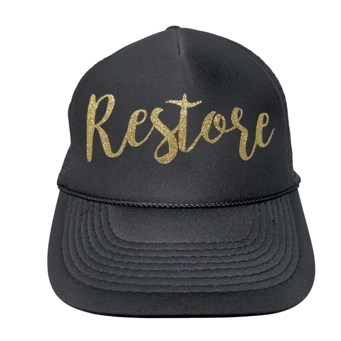 Restore Snapback Trucker Hat Black OSFM Adjustable Mesh Back Rope Otto