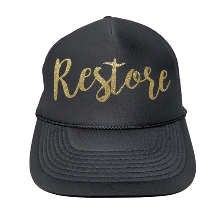 Restore Snapback Trucker Hat Black OSFM Adjustable Mesh Back Rope Otto