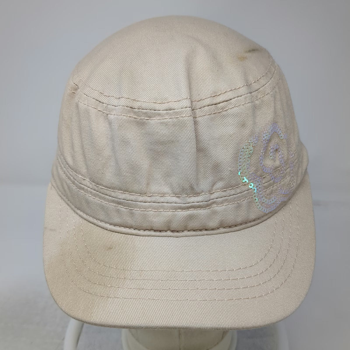 Pugs Army Cap Beige One Size Sequined Rose Graphic Polka Dot Under Brim Hat