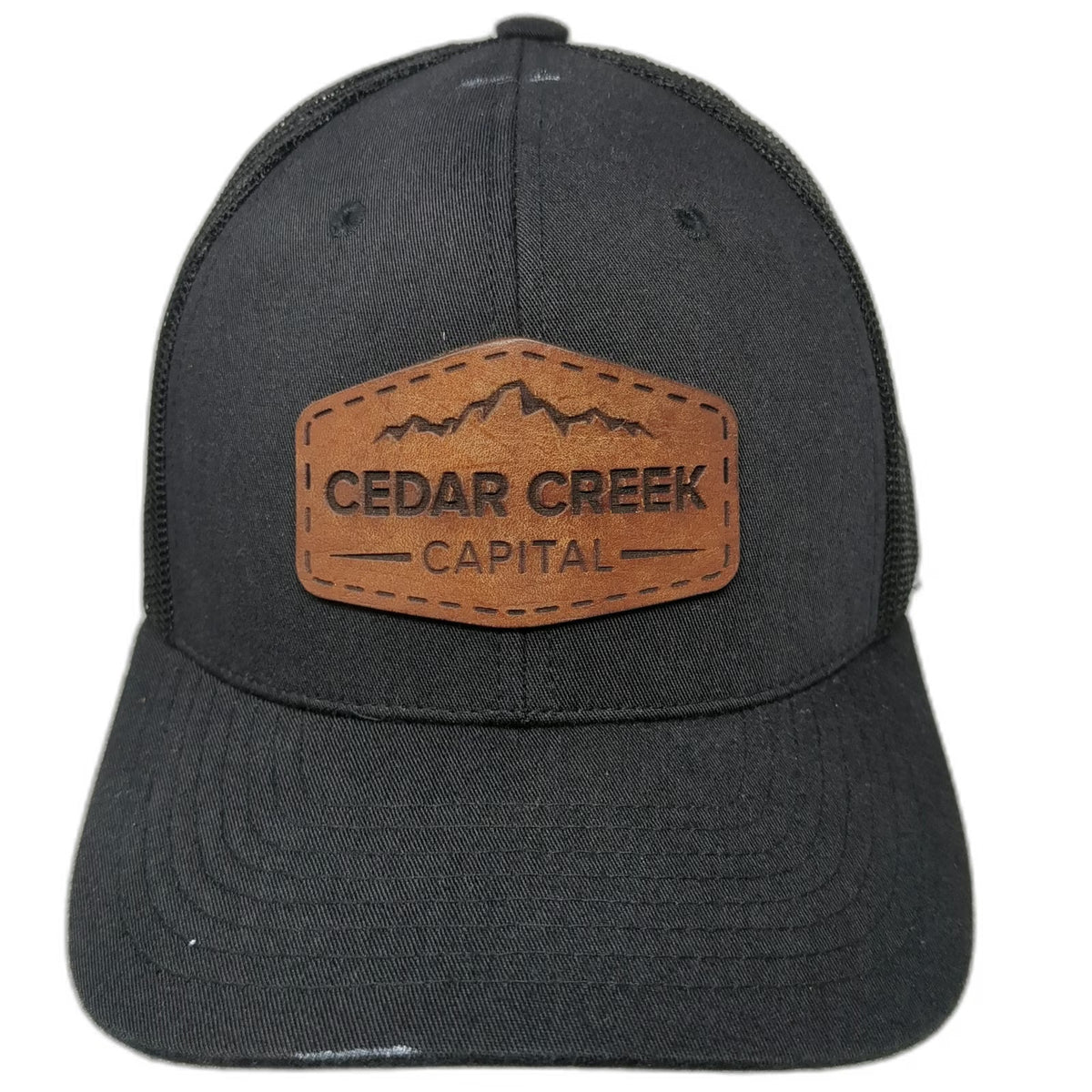 Trucker Hat Black Brown One Size Cedar Creek Capital Leather Patch Snapback