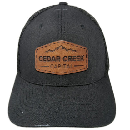 Trucker Hat Black Brown One Size Cedar Creek Capital Leather Patch Snapback