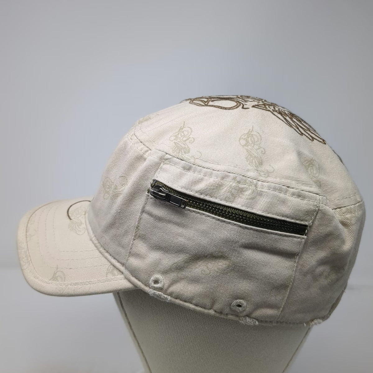 Virtus Apparel Army Cap Beige One Size Side Zipper Pocket Flourish Graphic Hat