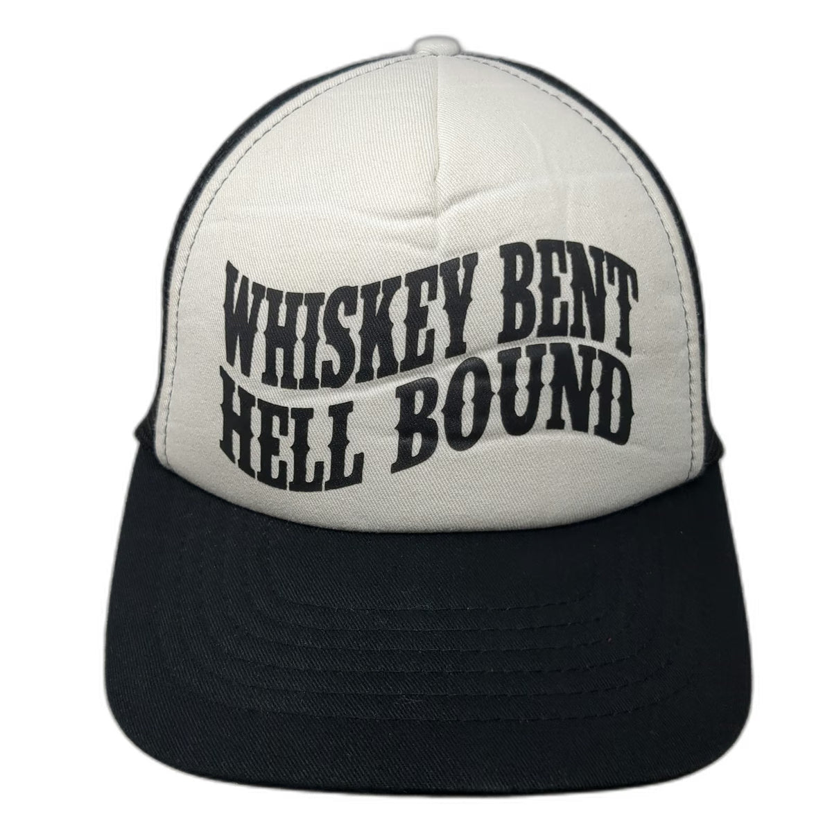 Black White Trucker Hat One Size Whiskey Bent Hell Bound Wavy Foam Mesh Snapback