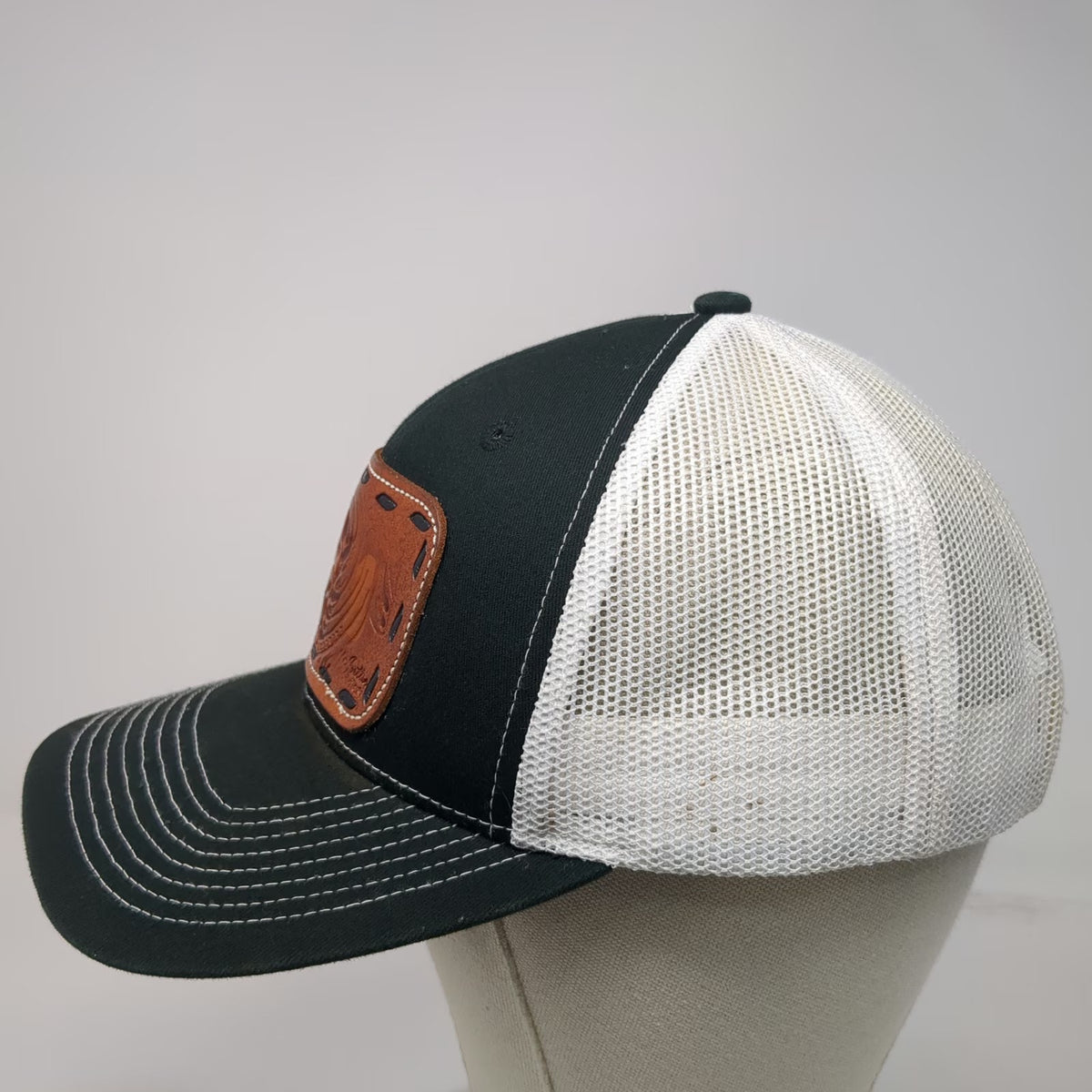Outdoor Cap Trucker Hat Black White One Size Leather Patch Floral Tooled Mesh