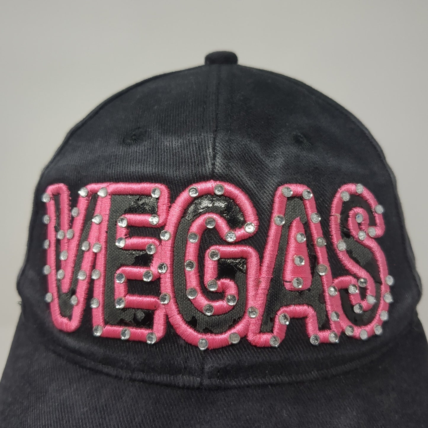 Vegas Rhinestone Strapback Hat Black One Size Adjustable Embroidered
