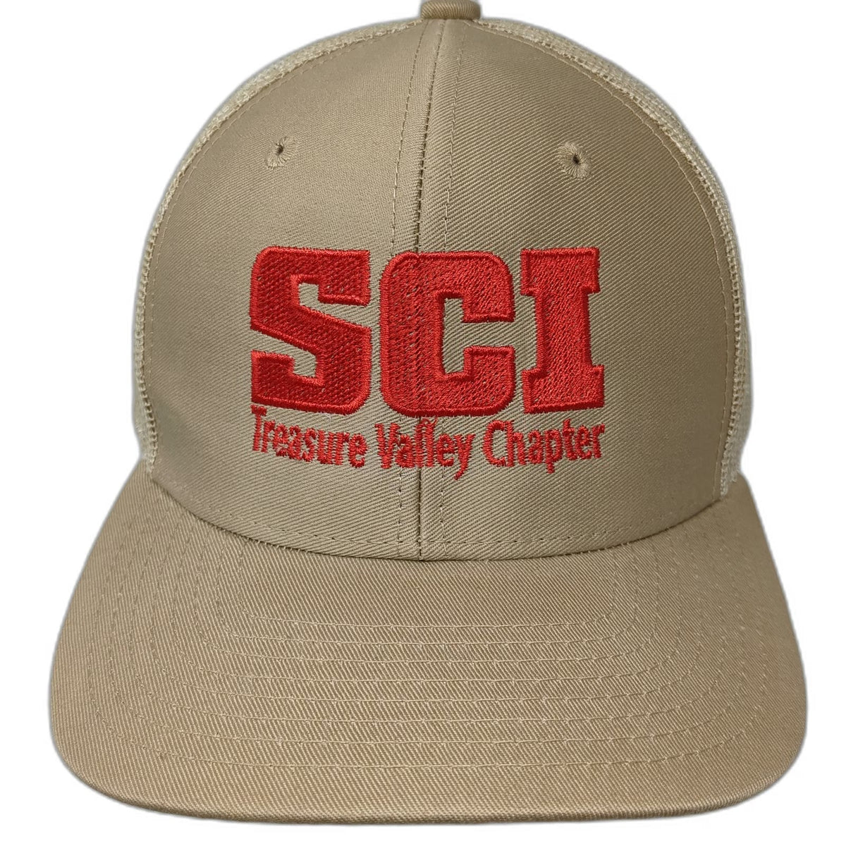 SCI Treasure Valley Chapter Trucker Hat Beige One Size Snapback Red Mesh Idaho