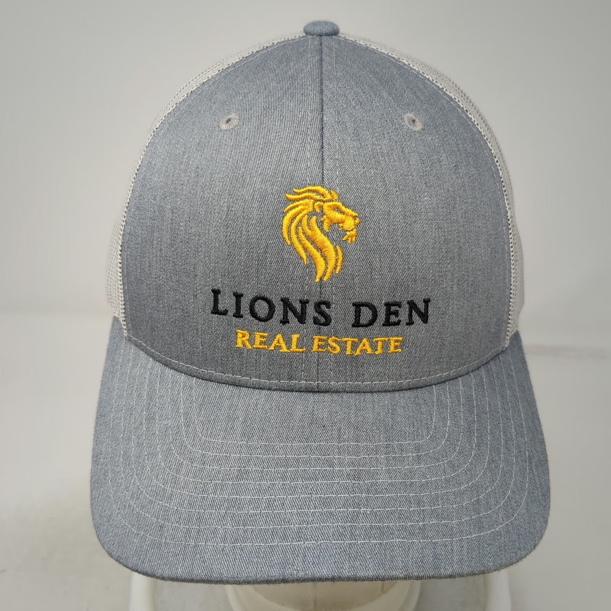 Richardson 112 Trucker Hat Gray OSFM Lions Den Real Estate Logo Snapback Mesh