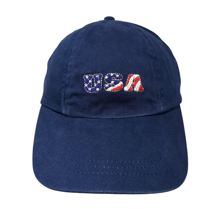USA Slideback Hat Blue One Size Adjustable Embroidered Patriotic 6 Panel Cotton