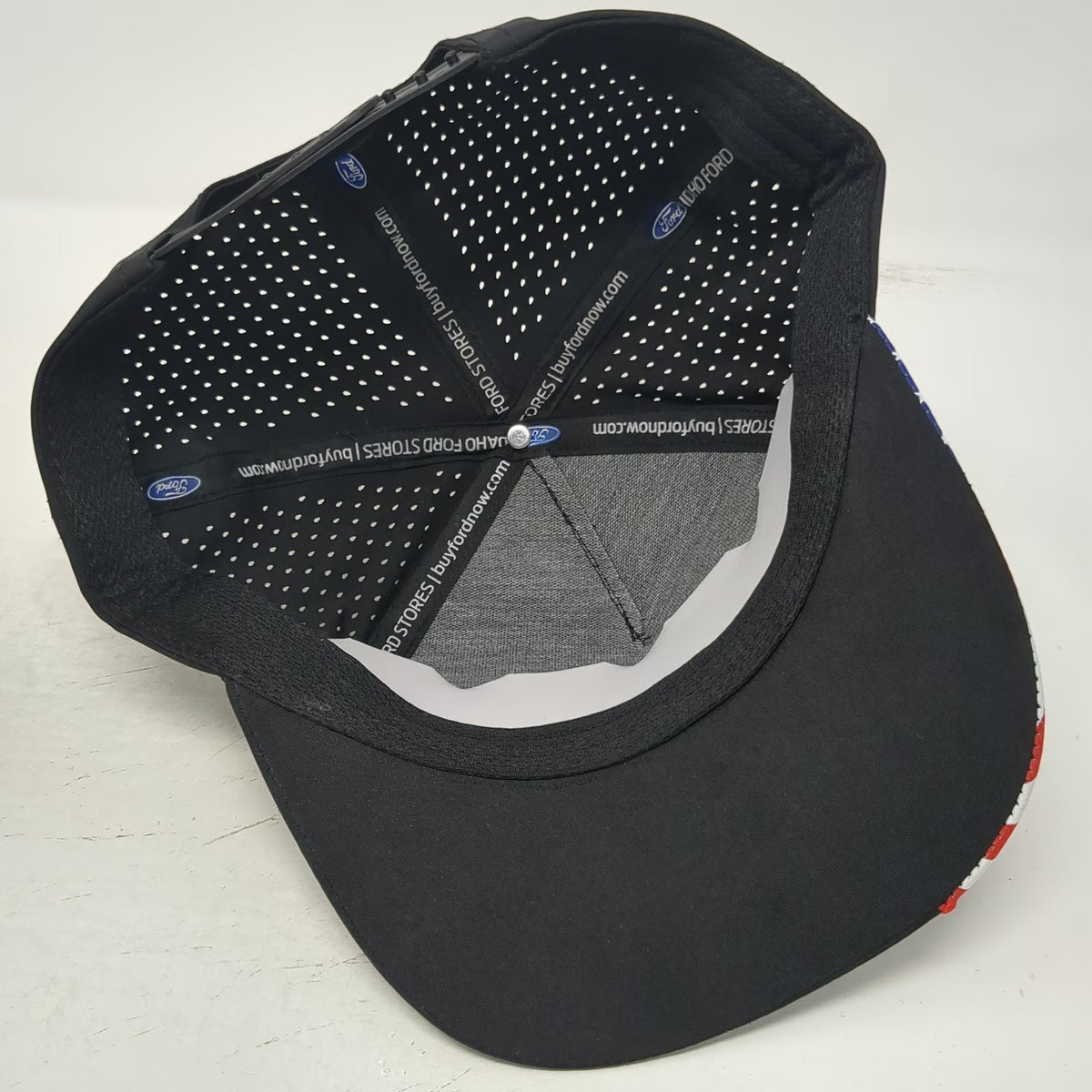Ford 5 Panel Black Hat One Size Snapback Built Ford Tough USA Flag Perforated