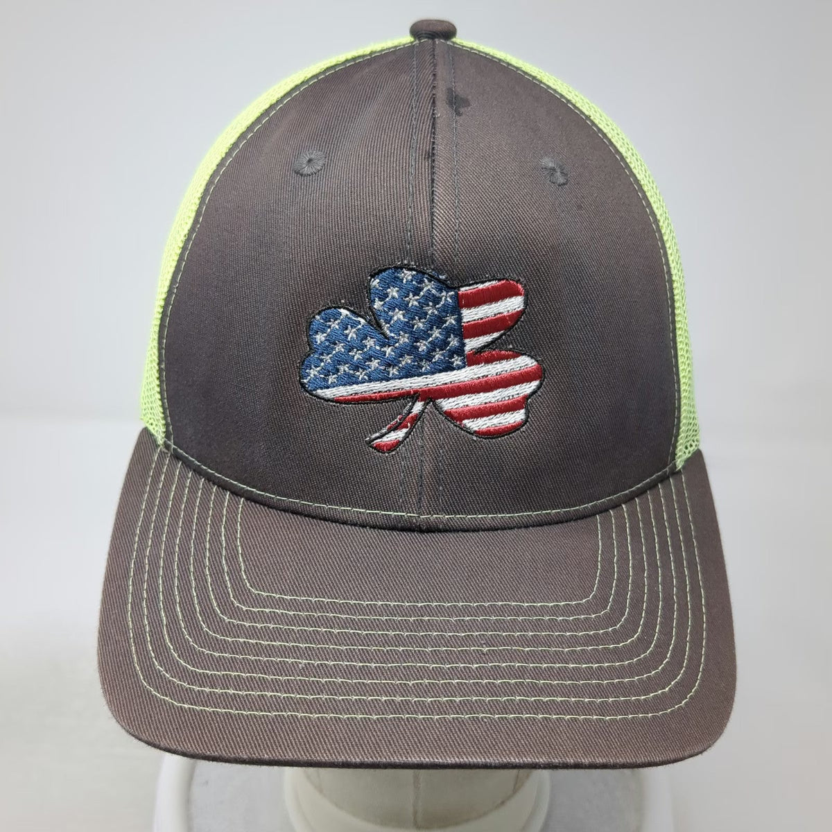 Fahrenheit Trucker Hat Brown Green One Size American Flag Shamrock Mesh Snapback