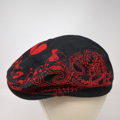 Disney Alice in Wonderland Newsboy Cap Black Red Embroidered Hearts Size L Hat