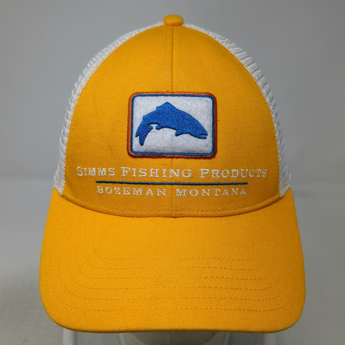 Simms Trucker Hat Yellow White One Size Fish Logo Bozeman Montana Snapback