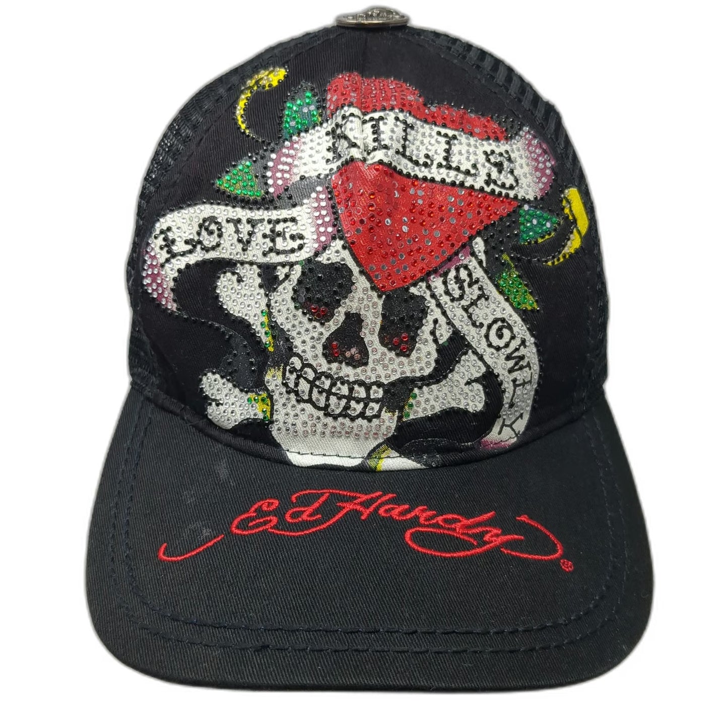 Ed Hardy Trucker Hat Black One Size Love Kills Slowly Rhinestone Skull Tattoo