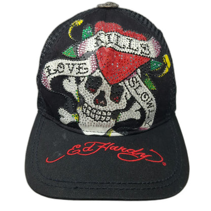 Ed Hardy Trucker Hat Black One Size Love Kills Slowly Rhinestone Skull Tattoo