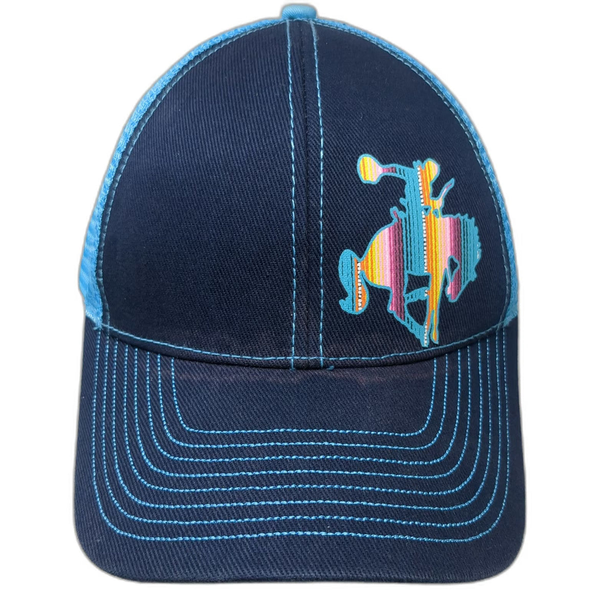 Baseball Cap Blue One Size Mesh Back Serape Bucking Bronco Western Strapback Hat
