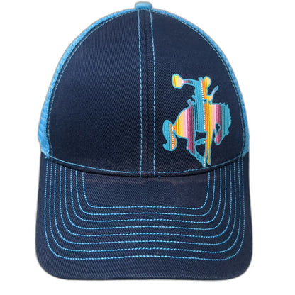 Baseball Cap Blue One Size Mesh Back Serape Bucking Bronco Western Strapback Hat