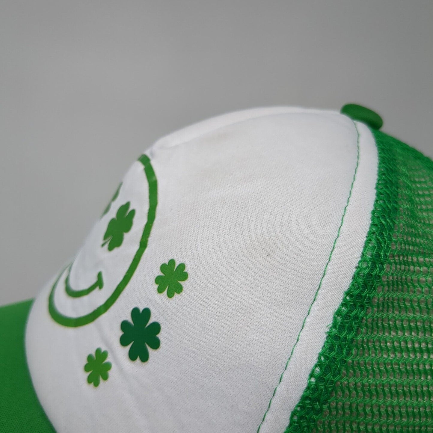 St. Patrick's Day Smiley Face Trucker Hat Green One Size Mesh Back
