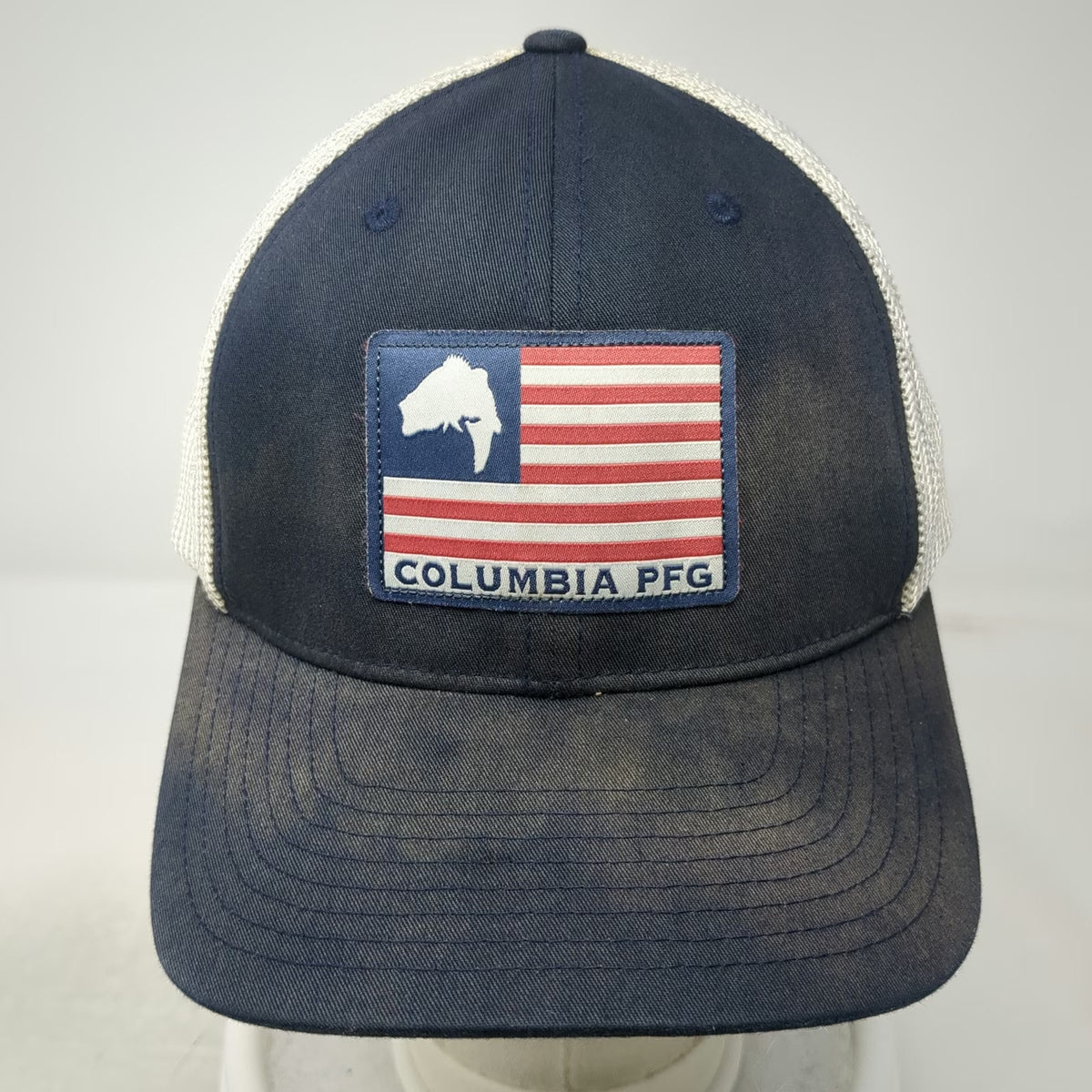 Columbia Baseball Cap Blue XL PFG Fish American Flag Mesh Back Stretch Fit Hat