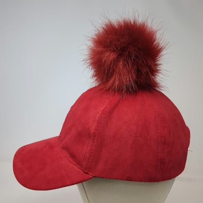 Red Baseball Cap One Size Strapback Faux Suede Pom Pom Fuzzy Furry Top Solid Hat