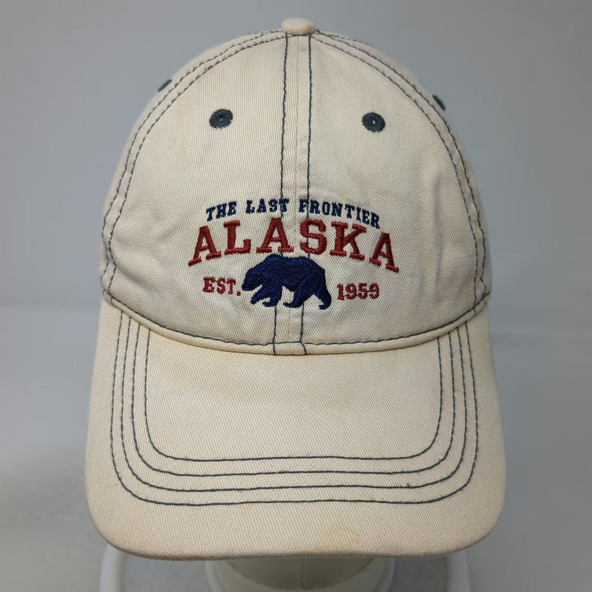 Mountain Baseball Cap Beige OSFM Alaska Bear Last Frontier Slideback Hat Blue