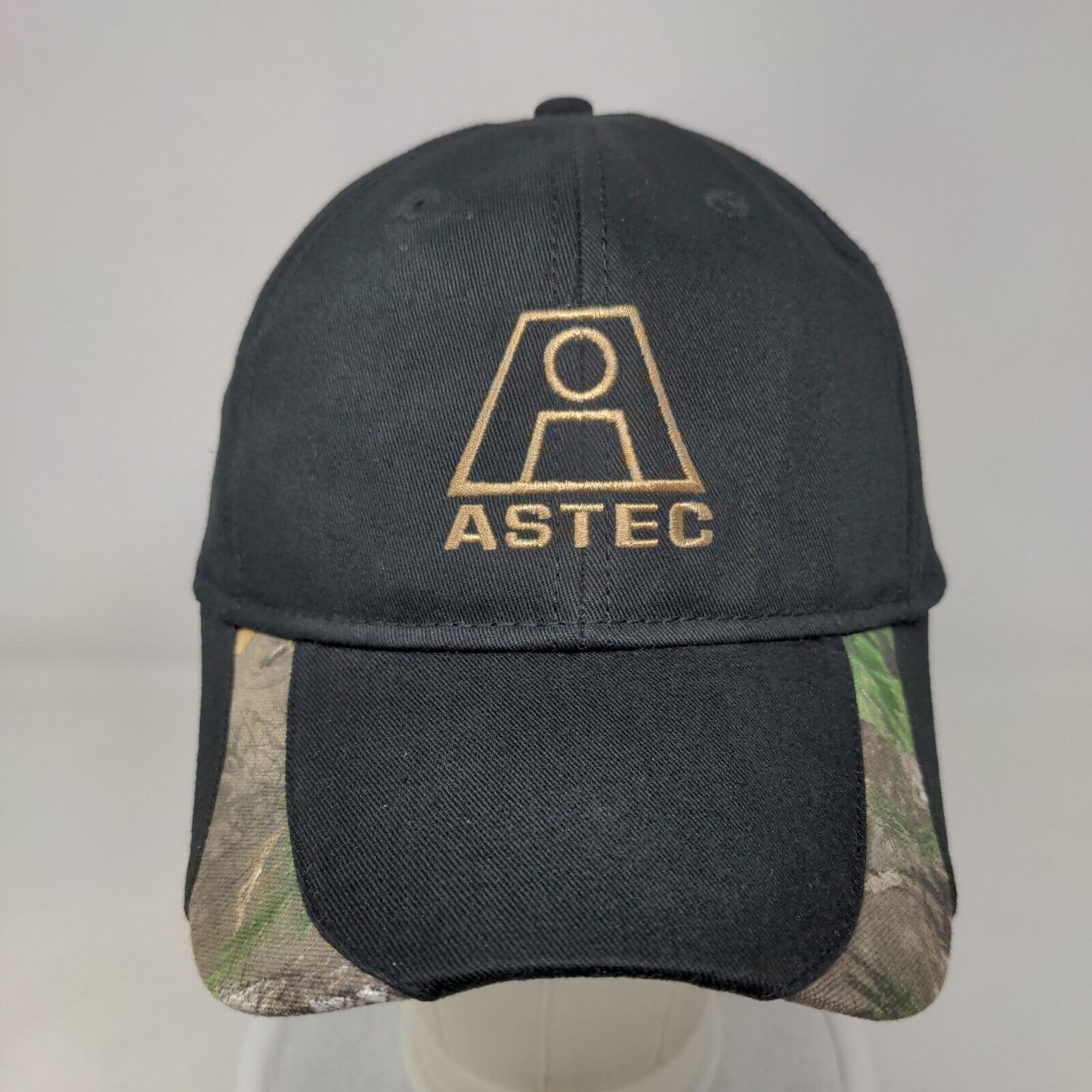 Astec Strapback Hat Black OSFA Adjustable Embroidered Camouflage Trim 6 Panel