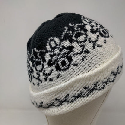 English Village Women's Knit Beanie Hat Cap Black White Fair Isle Acrylic