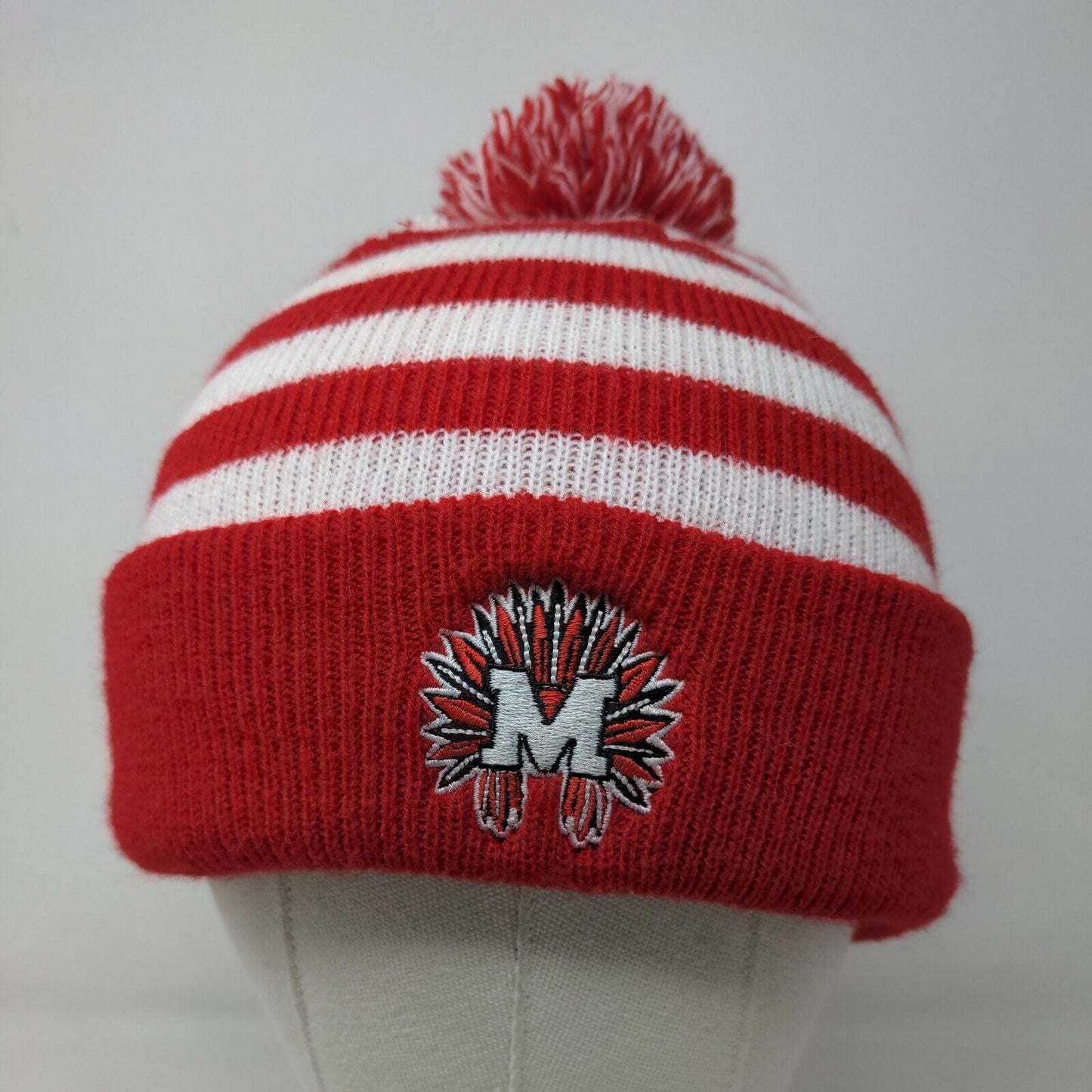 Unbranded Men's Knit Beanie Hat Red White Striped Embroidered M Indian Headdress