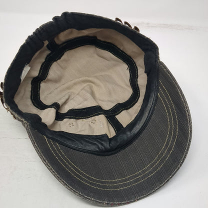 Army Cap Gray OSFM Herringbone Distressed Frayed Studs Red Gold Stitching Hat