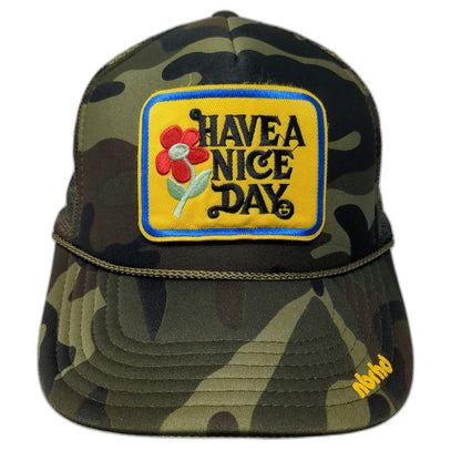nbrhd Trucker Hat Green One Size Have a Nice Day Camo Mesh Back Flower Patch