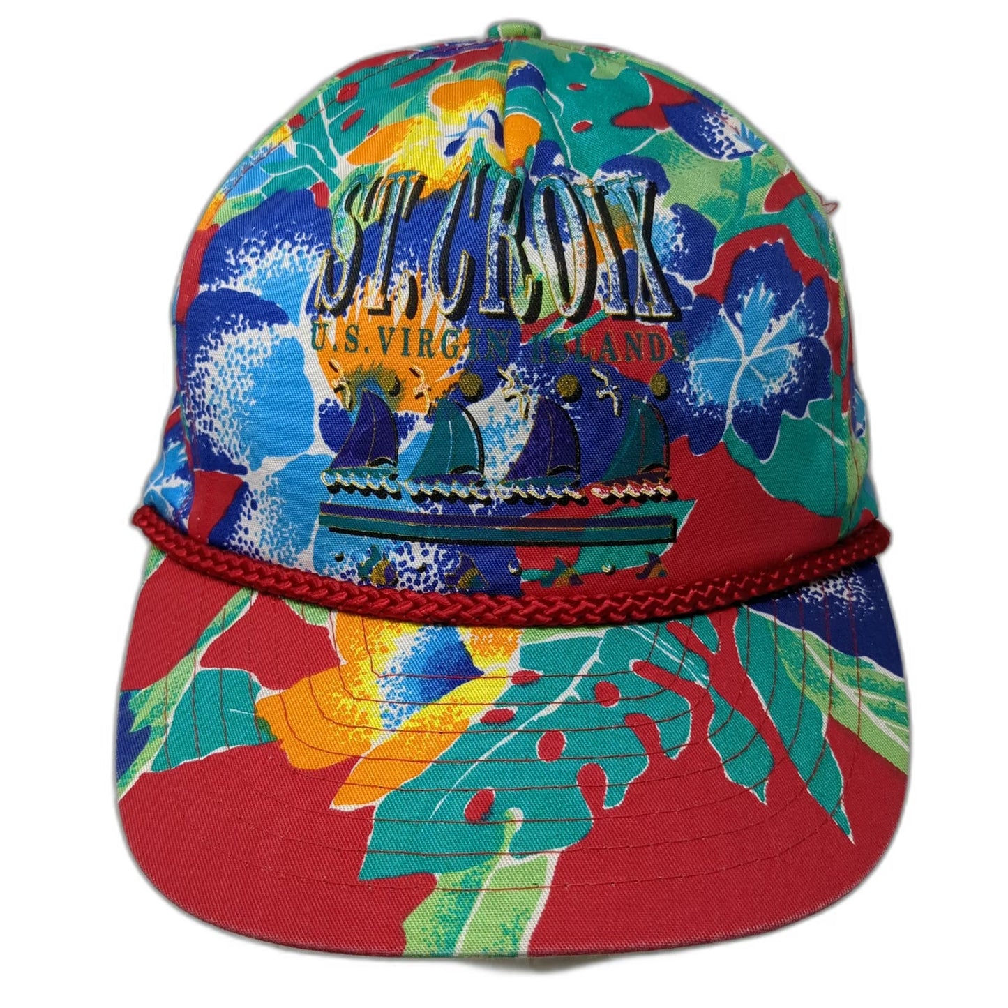 Nissin 5 Panel Red One Size St Croix US Virgin Islands Floral Tropical Rope Hat