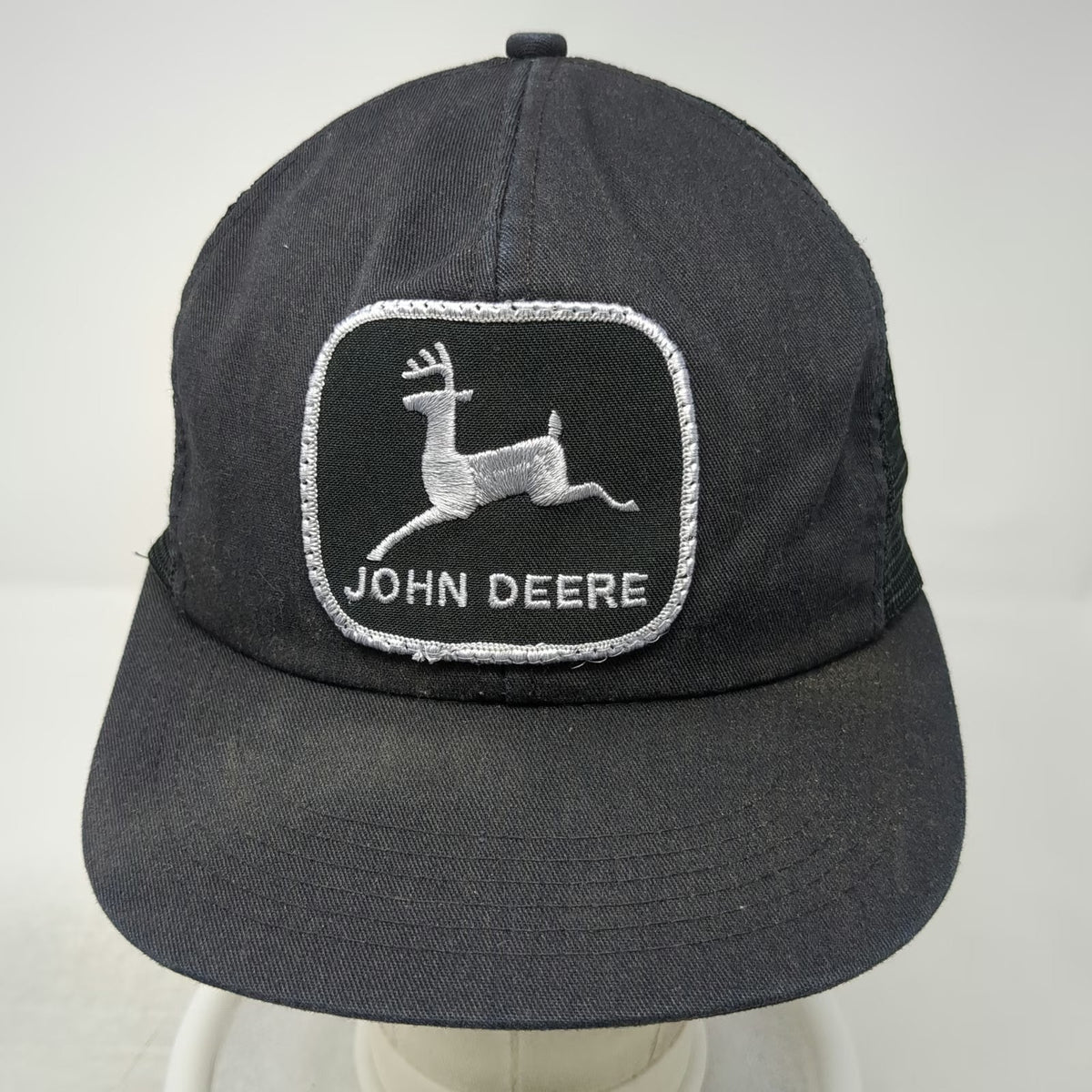 John Deere Black Trucker Hat Snapback Mesh Back Logo Patch K-Products Vintage
