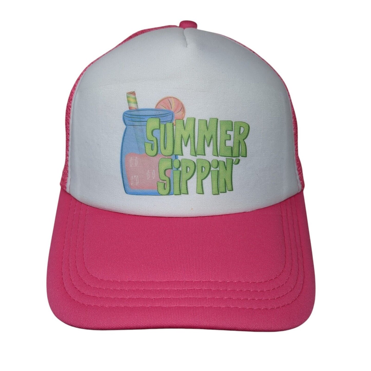 Summer Sippin' Snapback Trucker Hat Pink OSFA Mesh Back Adjustable