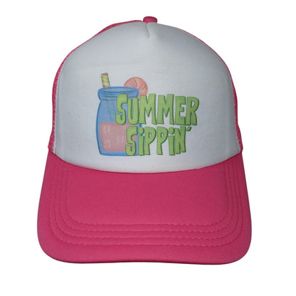 Summer Sippin' Snapback Trucker Hat Pink OSFA Mesh Back Adjustable