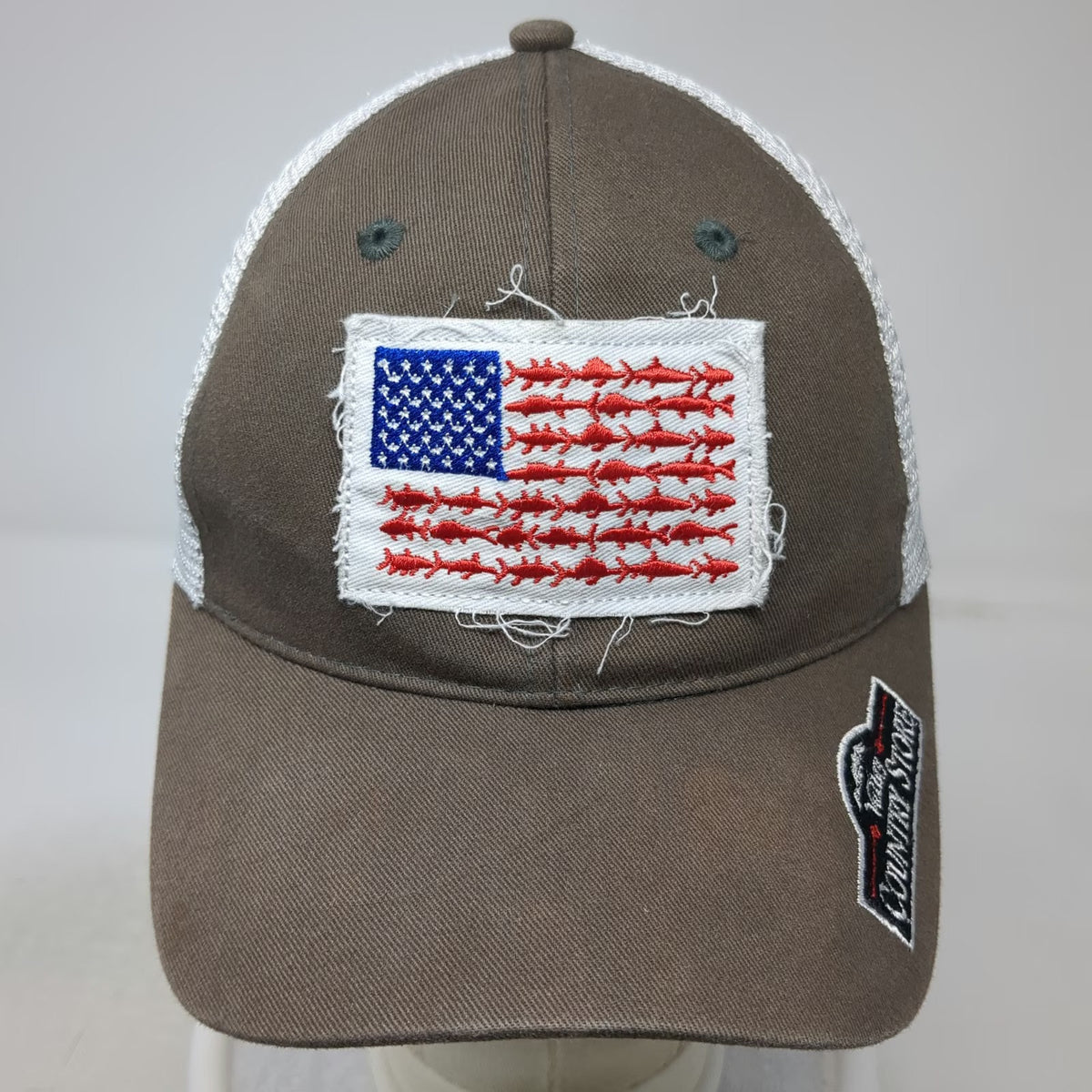 Valley Country Store Baseball Cap Gray L Mesh Fish American Flag Fitted Hat