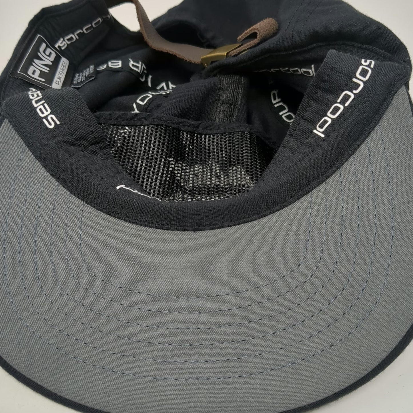 PING 5 Panel Black One Size Leather Strap Rope Script Logo Golf Hat sensorcool