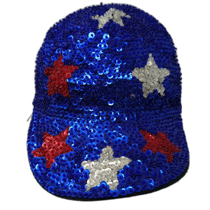 Blue Baseball Cap One Size Sequins Stars Red Silver Patriotic Sparkle Bling Hat