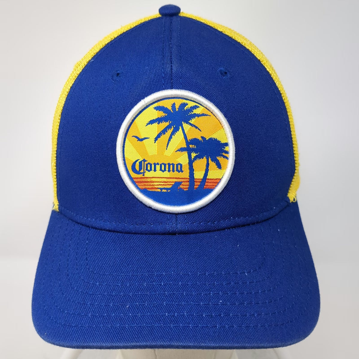 Corona Trucker Hat Blue Yellow One Size Mesh Snapback Beach Sunset Palm Tree