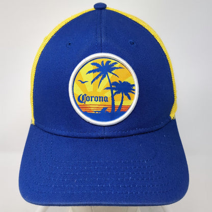Corona Trucker Hat Blue Yellow One Size Mesh Snapback Beach Sunset Palm Tree