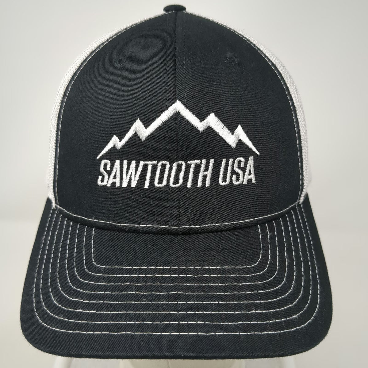 Richardson Trucker Hat Black One Size Sawtooth USA Mountain Mesh Snapback