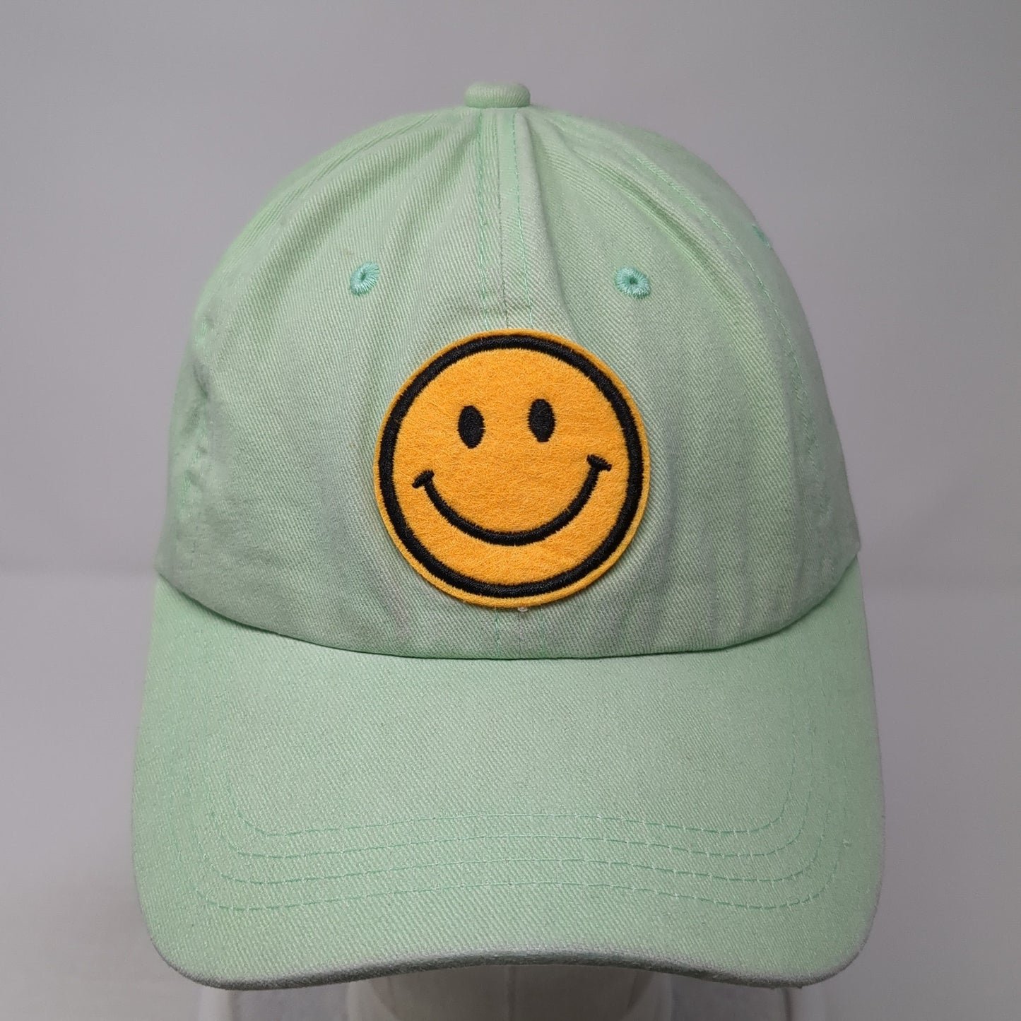 Smiley Face Patch Slideback Hat Green One Size Adjustable Vent Holes