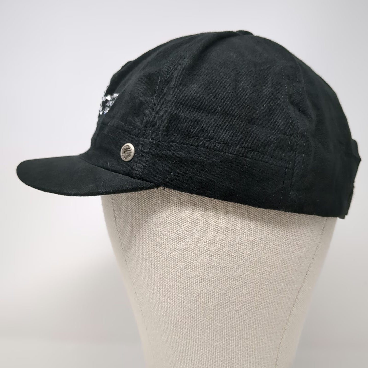 Bebe Army Cap Black One Size Rhinestone Logo Side Vents Slideback Cotton Hat