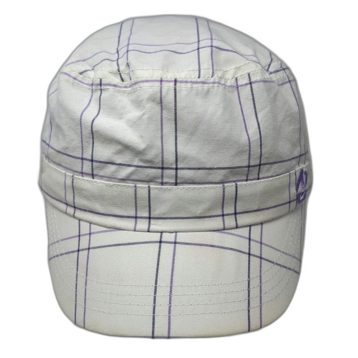 Nike Army Cap White Purple One Size Plaid Cotton Flat Top Elastic Back Hat