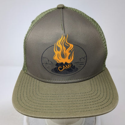 prAna Trucker Hat Green One Size Mesh Back Campfire Graphic Flat Brim Snapback