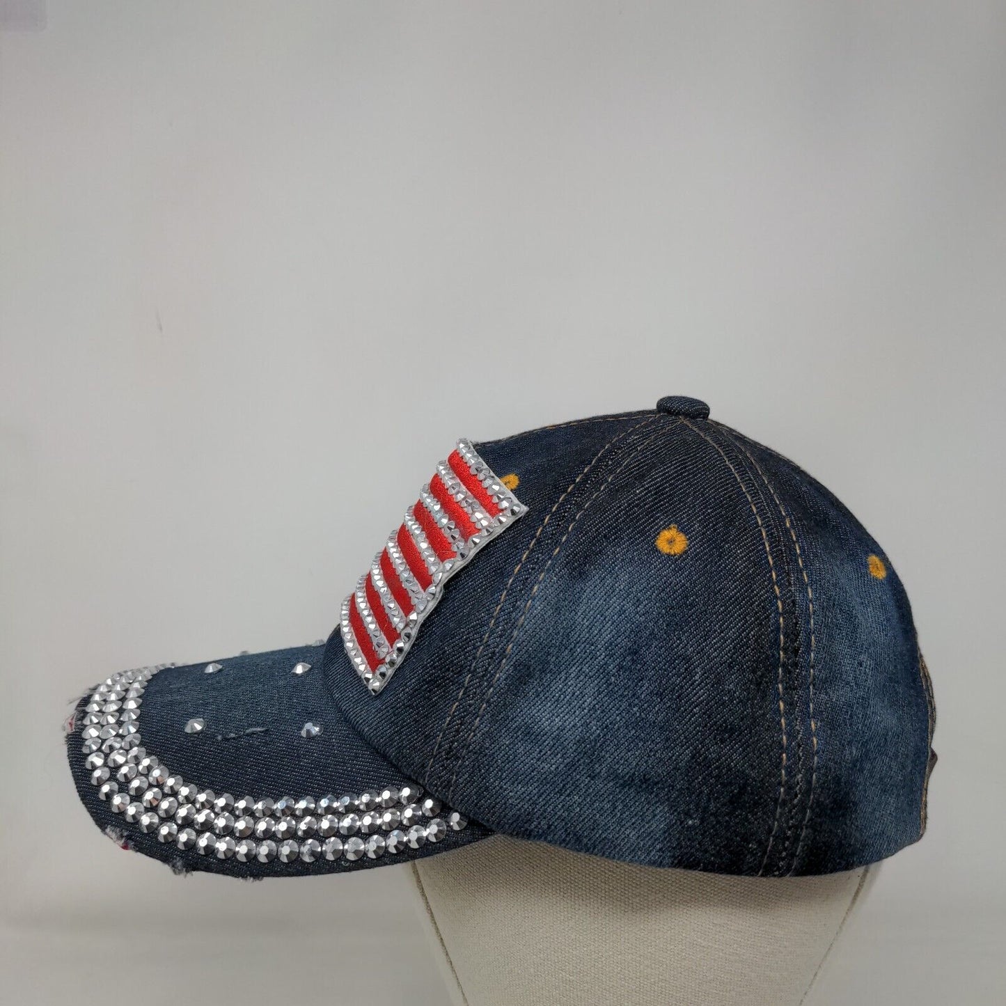 American Flag Bling Slideback Hat Blue One Size Patriotic Distressed Denim
