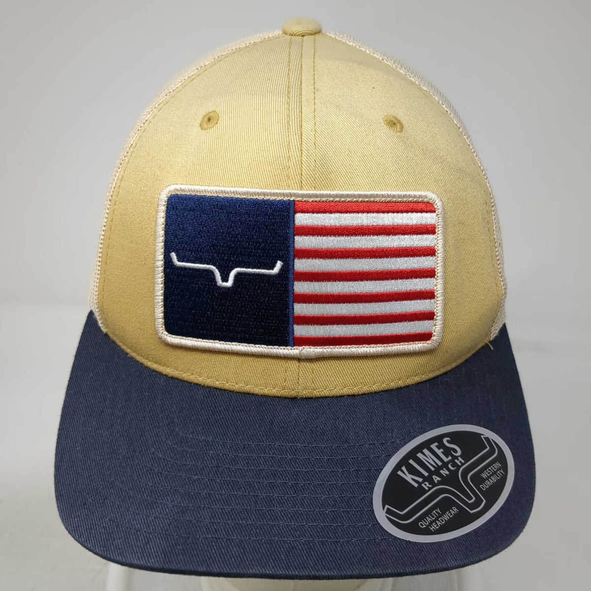 Kimes Ranch Trucker Hat Beige Blue American Flag Logo One Size Mesh Snapback
