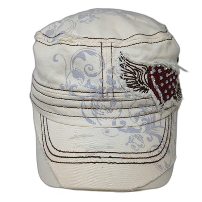 Samana Army Cap White One Size Floral Heart Wing Patch Rhinestone Distressed Hat