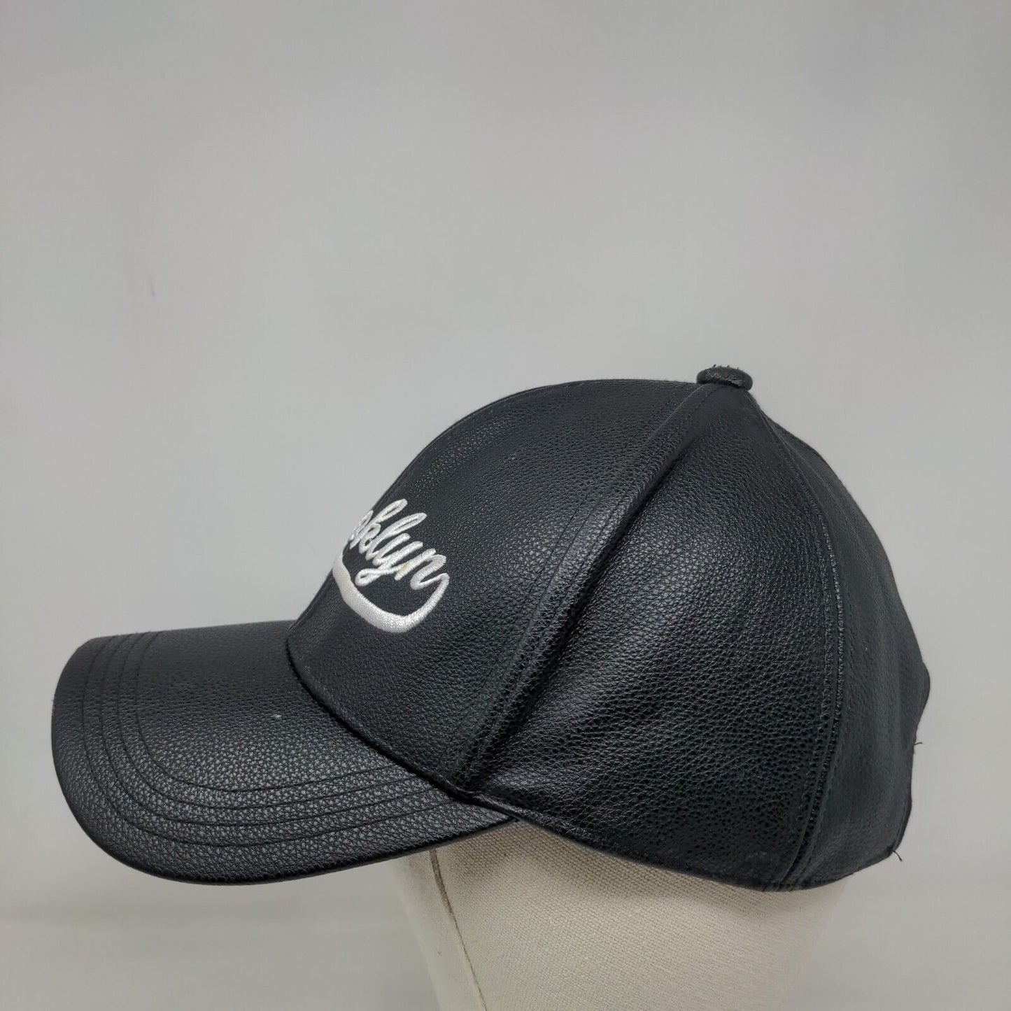 Brooklyn Slideback Hat Black OS Adjustable Faux Leather Embroidered 6 Panel